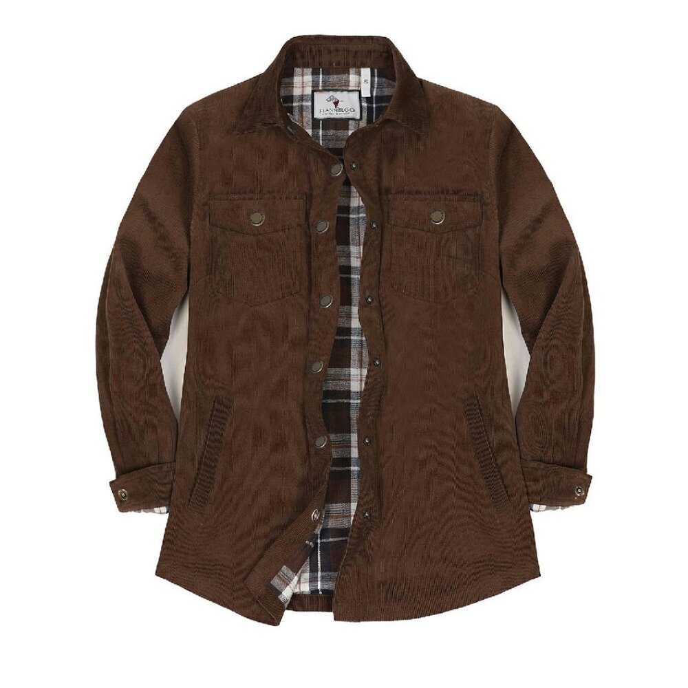 Corduroy Shacket with Flannel Lining Snap Button Front Casual Jacket